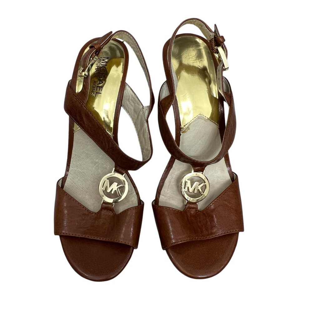 Michael Michael Kors Leather Logo strappy Tortoise heel Sandal women's size 8
